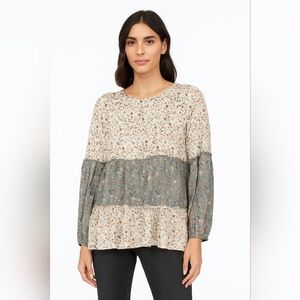 Women's Blouse Ott Floral Ruffle Sheer Long Sleeve Ivory Green Size Small EUC